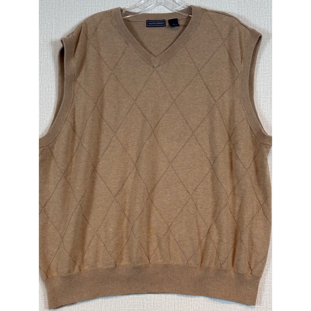 Saddlebred Mens XL Tan‎ Cotton V-Neck Argyle Sweater Vest Classic Grandpacore